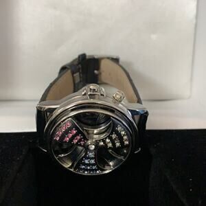 NWOT FRED BELAY UNISEX‎ WATCH GENUINE LEATHER BAND DIAMONDS DETAILS